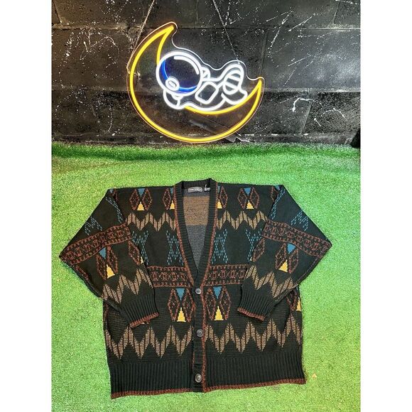 VTG Peter England Mens XL Black/Orange‎ 3 Button Cardigan Sweater Argyle - Picture 1 of 5